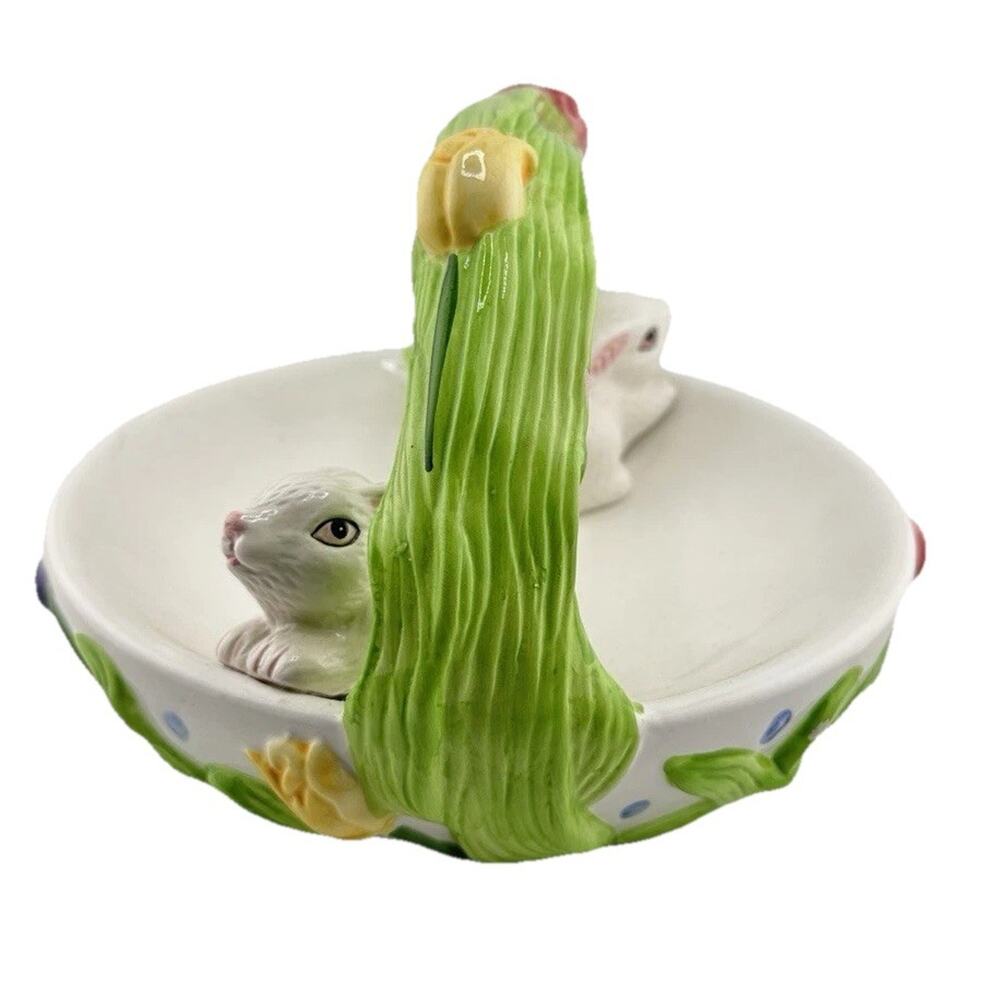 Easter Bunny Basket Candy Dish Ceramic Bunnies With Flowers by Aspen Promotion